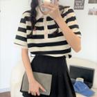 Short-sleeve Striped Polo Shirt / Mini Pleated Skirt