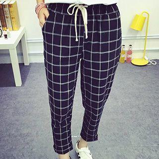 Window Pane Tapered Drawstring Pants