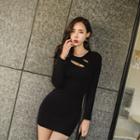 Slit-detail Ribbed Mini Bodycon Dress Black - One Size