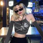 Long-sleeve Off-shoulder Graphic Print Crop Top