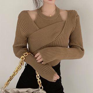 Set: Long-sleeve Plain Ribbed Knit Top + Halter Tank Top