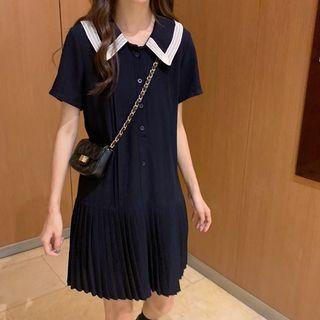 Short-sleeve Collar Dress Navy Blue - One Size