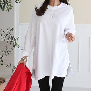 Long-sleeve Slit-hem Boxy T-shirt