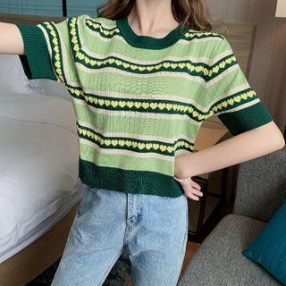Short-sleeve Jacquard Knit Top Avocado Green - One Size