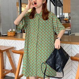 Elbow-sleeve Patterned Shirt Dress Green - One Size