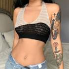 V-neck Color Block Halter-neck Knit Top