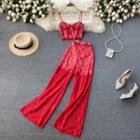 Set Of 2: Suspender Lace Top + High-waist Lace Wide-leg Pants