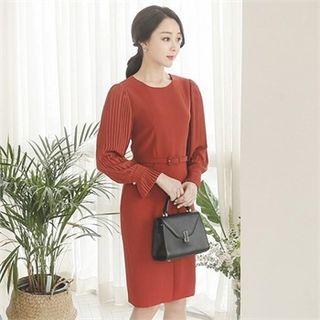 Pleated-sleeve Slit-front Sheath Dress With Belt
