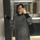 Striped Long-sleeve Loose-fit Dress As Figure - One Size
