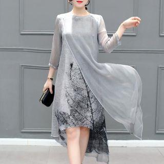 3/4-sleeve Printed Mock Two Piece Midi Dress