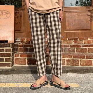 Drawstring-waist Gingham Baggy-fit Pants