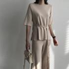 Set: Tie-waist Knit Top + Wide-leg Pants