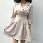 V-neck 3/4 Sleeve Pleated A-line Dress