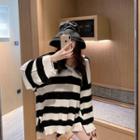 Striped Long-sleeve Oversize Knit Top White - One Size
