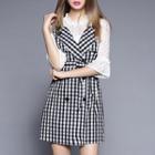 Mock Two Piece Lace Panel Elbow Sleeve Gingham Dress