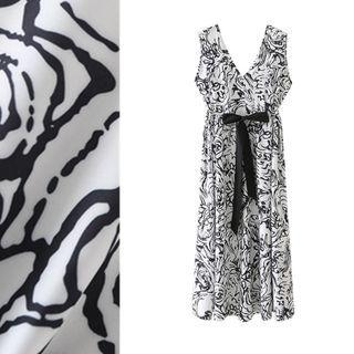 V-neck Painting Bow-detail Sleeveless Dress