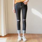 Slit-knee Cuff-hem Skinny Jeans