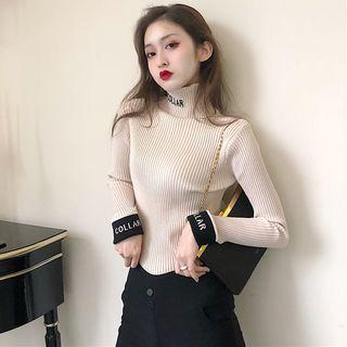 Mock-neck Letter Embroidered Knit Top