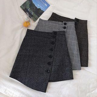 Asymmetric Single-breasted Plaid High-waist A-line Skirt