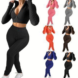 Set: Plain Long Sleeve Zip-up Top + Pants