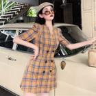 Plaid Short-sleeve A-line Dress Orange Yellow - One Size