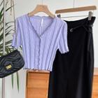 Short-sleeve V-neck Button-up Light Knit Top Purple - One Size