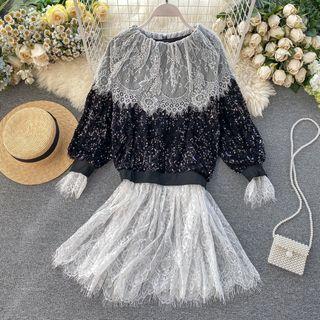 Sequin Lace Panel Sweatshirt Dress Black - One Size