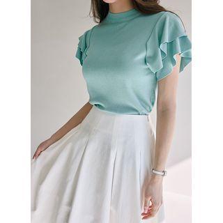 Flutter-sleeve Mock-neck Knit Top