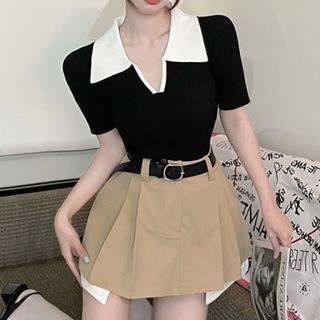 Short-sleeve V-neck Polo Shirt / Mini Skirt / Belt / Set