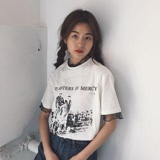 Mesh Trim Printed Short-sleeve T-shirt