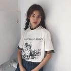 Mesh Trim Printed Short-sleeve T-shirt