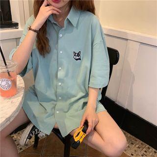 Elbow-sleeve Puppy Embroidered Shirt