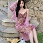 Spaghetti Strap Floral Print Sheath Dress / Light Cardigan / Set