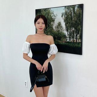 Off-shoulder Contrast-sleeve Minidress Black - One Size