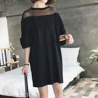 Elbow-sleeve Mesh Panel Layered A-line Dress