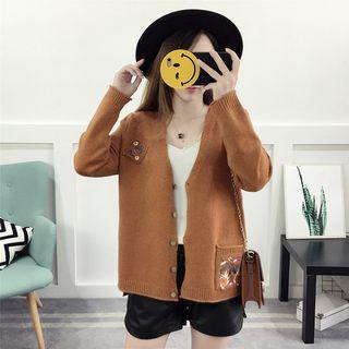 V-neck Flower Embroidered Long Cardigan