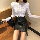Long-sleeve Top / Faux Leather Mini Skirt