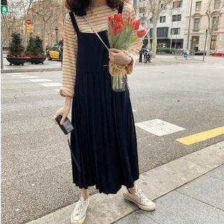 Long-sleeve Striped T-shirt / Pleated Midi A-line Pinafore Dress
