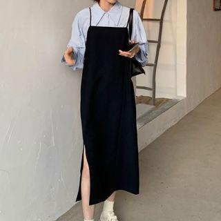 Plain Shirt / Slit Midi A-line Pinafore Dress