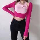 Mock Two-piece Long-sleeve Cold Shoulder Lettering Print Crop Top