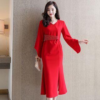 Bell-sleeve Studded Asymmetric Midi A-line Dress