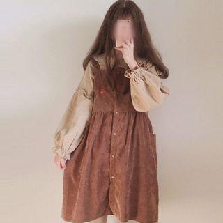 Set: Plain Blouse + Bear Embroidered Jumper Dress