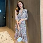 Floral Print Ruched Short-sleeve A-line Chiffon Dress