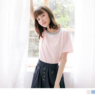 Flower Embroidered Short-sleeve Stripe T-shirt