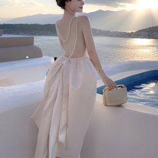 Strappy Faux Pearl Midi A-line Dress