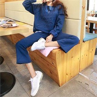 Set: Lettering Embossed Sweatshirt + Boot-cut Sweatpants