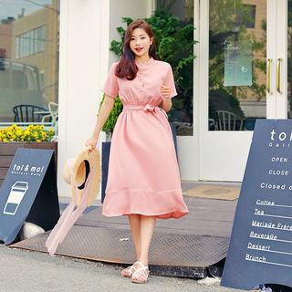 Mandarin-collar A-line Dress With Sash