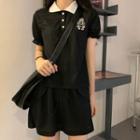 Short-sleeve Embroidered Polo T-shirt / A-line Mini Skirt