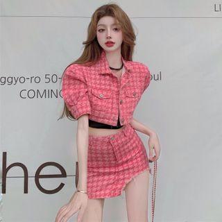 Puff-sleeve Houndstooth Cropped Denim Jacket / Asymmetrical Mini Pencil Skirt