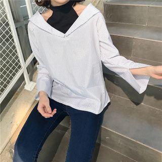 Mock-two Off-shoulder Striped Loose-fit Blouse